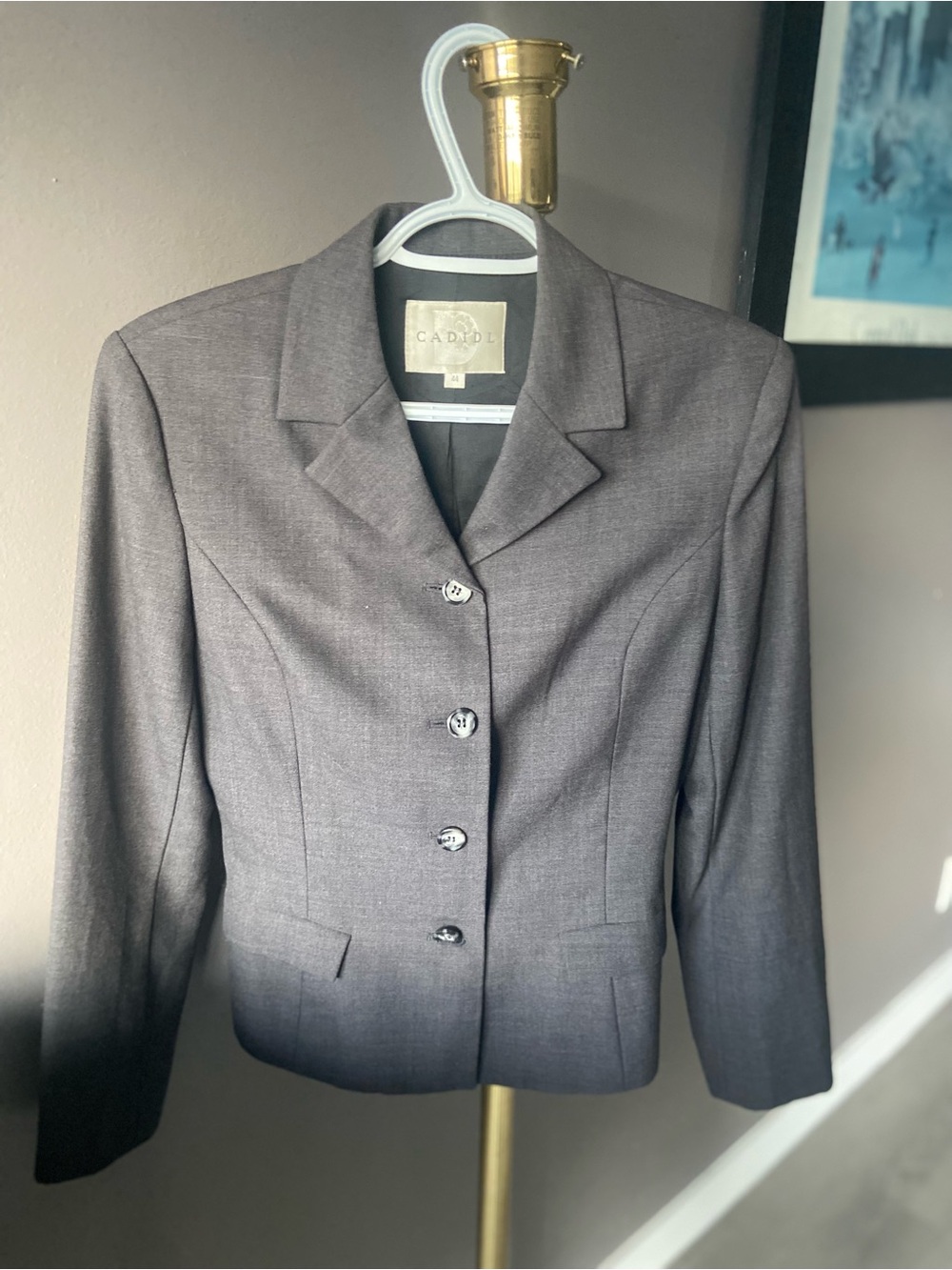 Women's Gray Tailored Blazer Jacket wool fabric.